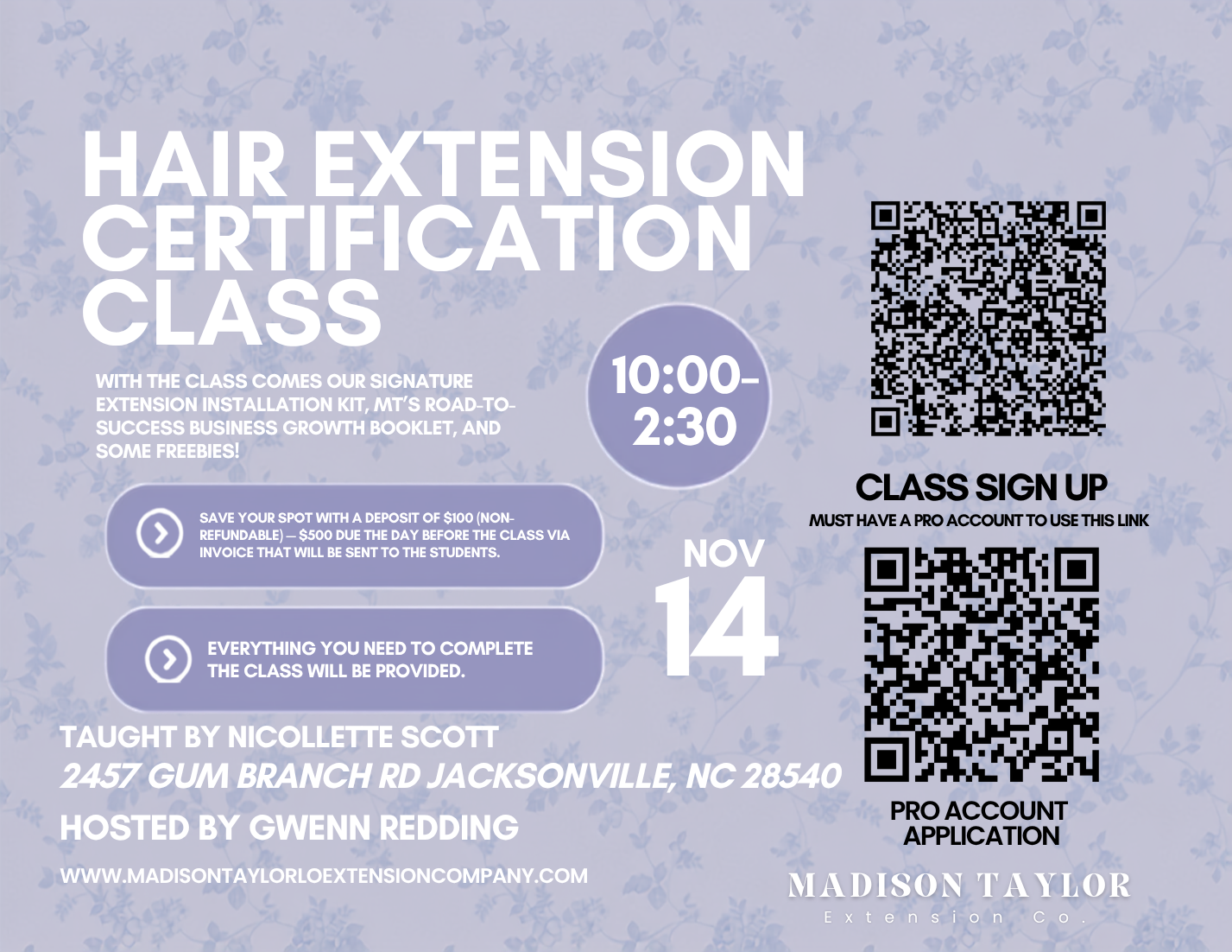 North Carolina (November 14) Hair Extension Certification Class Deposit