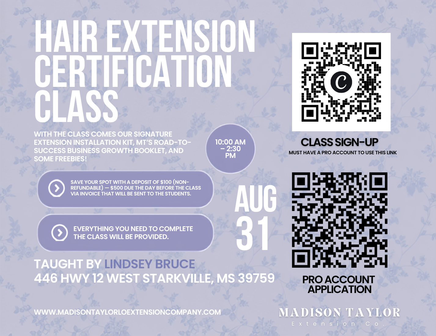 Starkville, MS (August 31) Hair Extension Certification Class Deposit