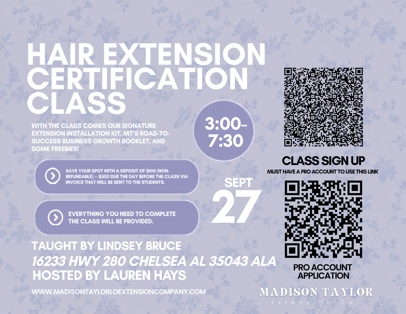 Chelsea, AL (September 27) Hair Extension Certification Class Deposit