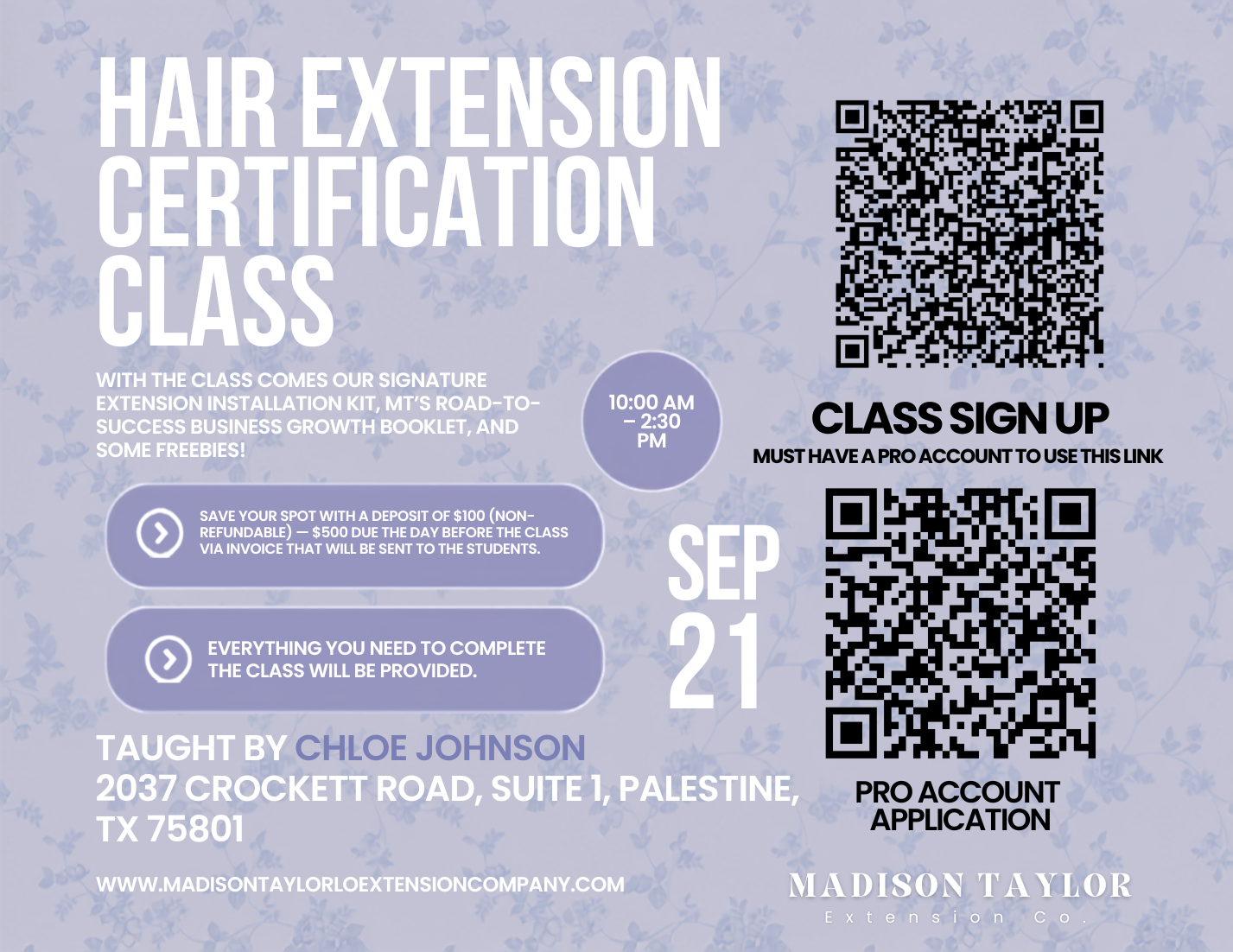 Palestine, TX (September 21) Hair Extension Certification Class Deposit